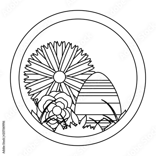 decorative circular frame with easter eggs and beautiful flowers  over white background  vector illustration