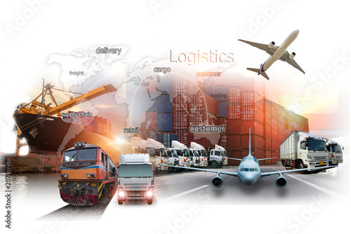 Global business of Container Cargo freight train for Business logistics concept, Air cargo trucking, Rail transportation and maritime shipping, Online goods orders worldwide