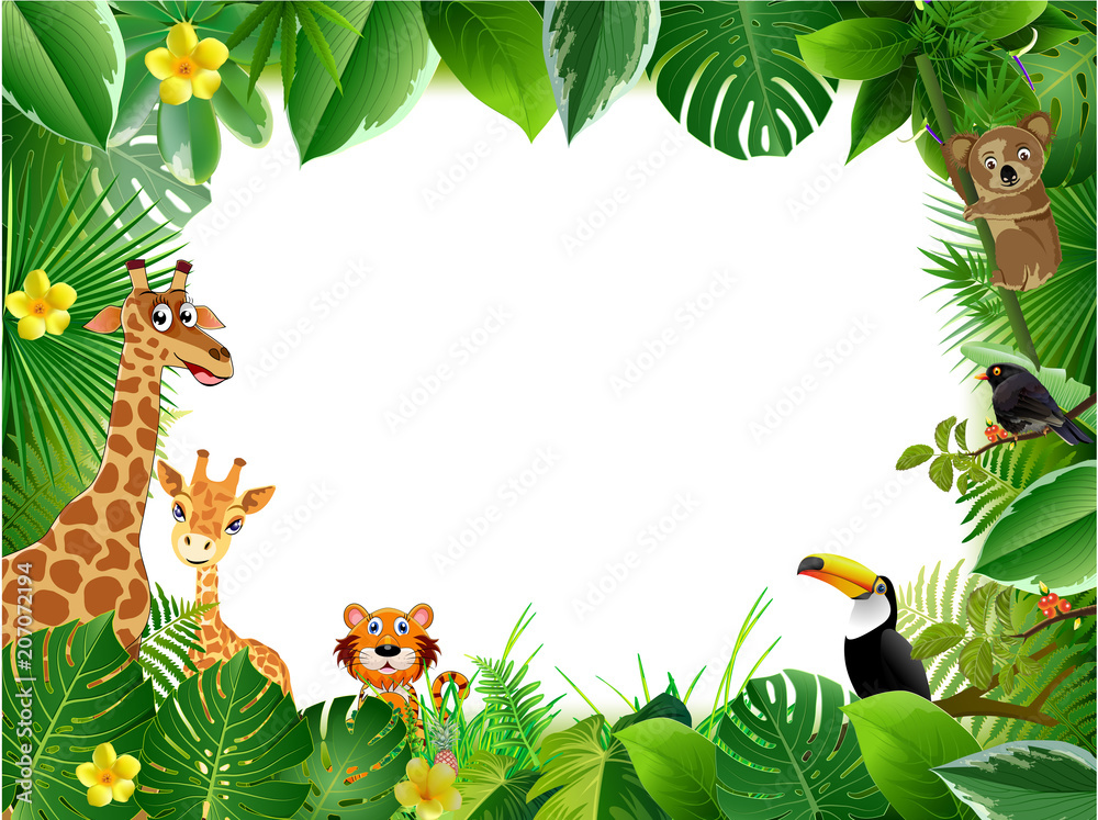 Bright tropical background with cartoon; jungle; animals; Stock Vector |  Adobe Stock