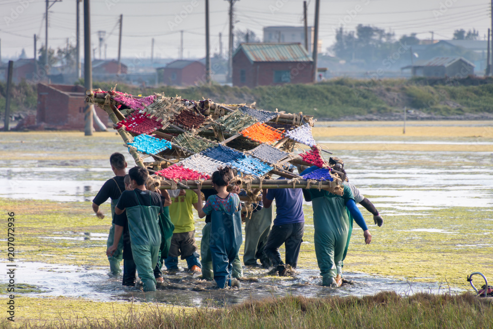 A large group of people are carrying a decoration into the wetlands. The workers have waders on. The decoration is large and has various colors. Buildings and poles are in the background. A large group of people are carrying a decoration into the wetlands. The workers have waders on. The decoration is large and has various colors. Buildings and poles are in the background.