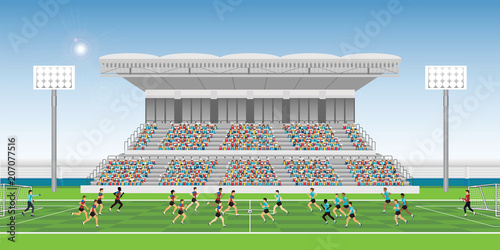 Crowd in stadium grandstand to cheering football match team players sport championship.