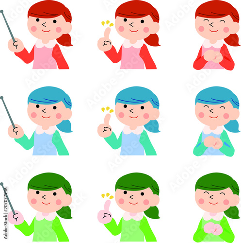 Teaching girl with ponytail illustration set