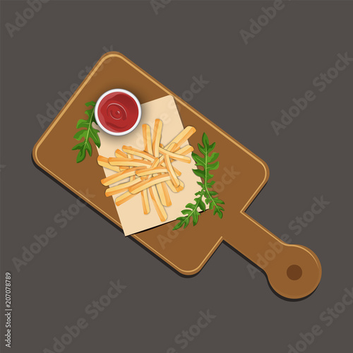 French fries with tomato sauce on abstract background.