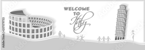 Welcome to Italy, web header or banner design with colosseum, and pisa the leaning tower.
