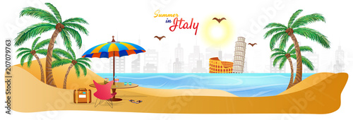 Summer in Italy web header or banner with stylish text travel bag  umbrella  sea side and colosseum and pisa  Italian monuments illustrations.