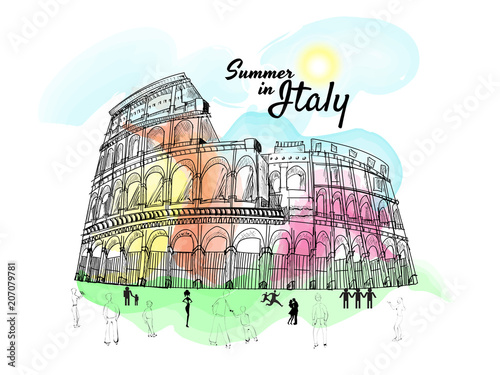 Summer holidays in Italy concept with doodle illustration of people visiting colosseum, Rome.