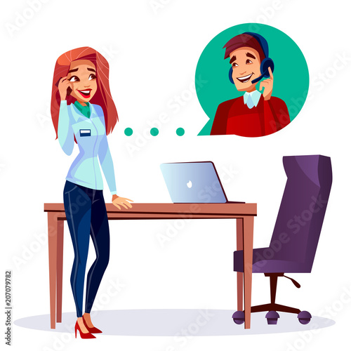 Vector cartoon satisfied customer calling to user helpline operator man in headset. Cute young happy client, female manager in office communicates with customer support male employee