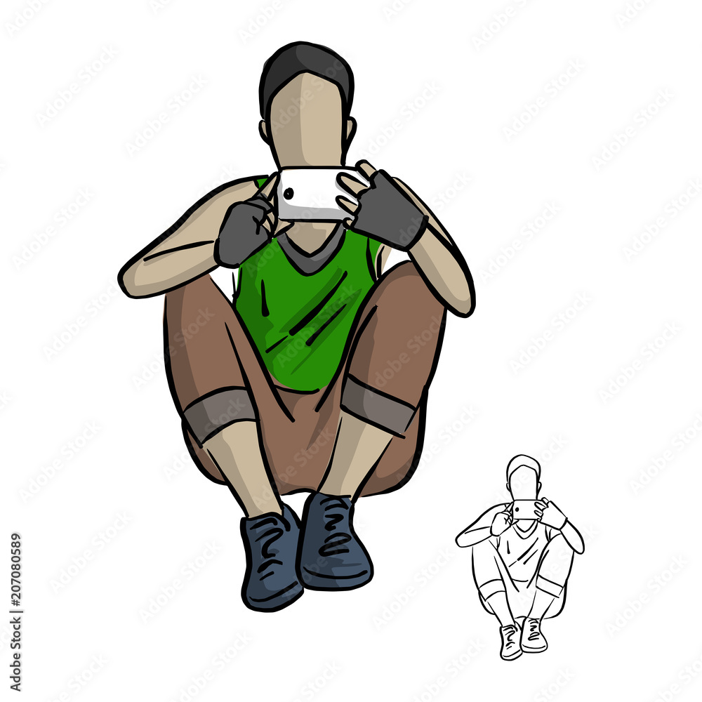 woman using mobile phole to take photo while exercising at gym vector illustration sketch doodle hand drawn with black lines isolated on white background