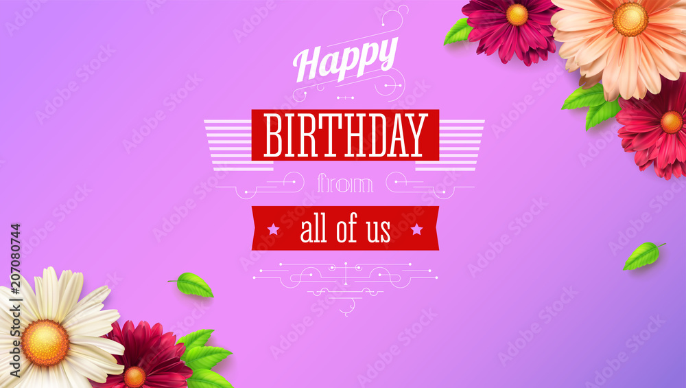 Floral buds and green leafs on card of happy birthday. Handwritten lettering, concept for summer holiday events. Congratulation for spring birthday. Vintage card, pattern from flowers, 3D illustration Floral buds and green leafs on card of happy birthday. Handwritten lettering, concept for summer holiday events. Congratulation for spring birthday. Vintage card, pattern from flowers, 3D illustration
