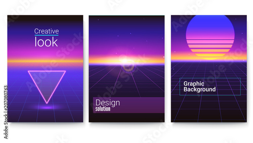Set of retro futuristic covers. Abstract digital landscape in a cyber world. Sci Fi background for banner, brochure, layout, 3D illustration. Vector template of poster.