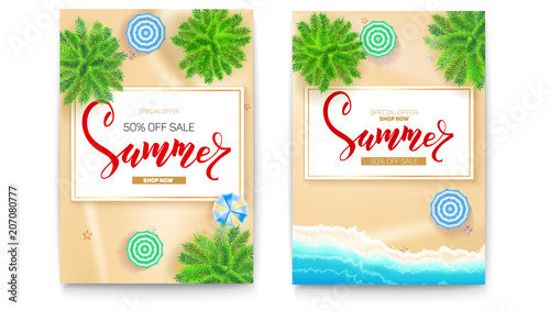 Set of summer sale posters for touristic events, travel agency actions. Summer sale banner with fifty percent discount. Tropical landscape, beach seashore ocean, sun umbrella, palms, top view.