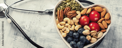 Healthy snack in heart shaped bowl