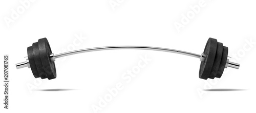 3d rendering of a single metal barbell bent to both sides because of very heavy weights added on it.