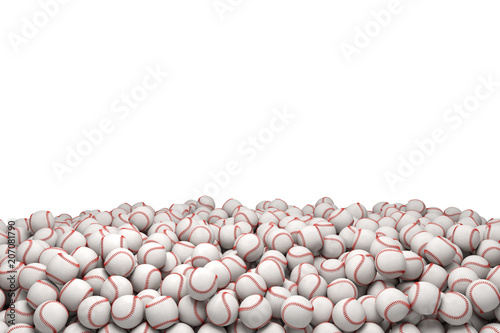Photography 3d rendering of a huge heap of white baseballs with red stitching on a white background
