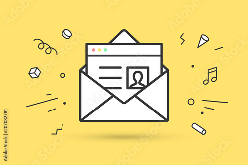 Icon of new open mail envelope. White mail envelope and letter or icon file. Email icon or message. Icon of open mail envelope with explosive memphis graphic element. Vector Illustration