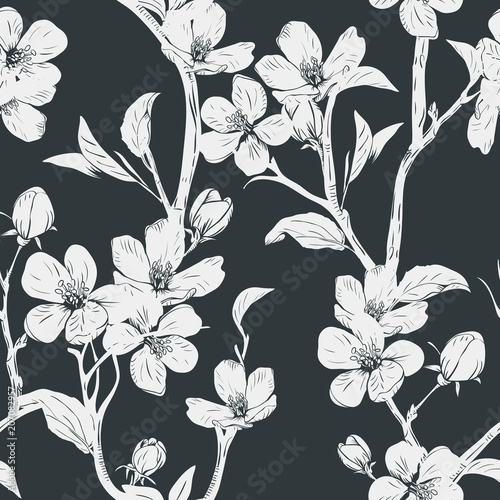 Blooming tree. Seamless pattern with flowers. Spring floral texture. Hand drawn botanical vector illustration
