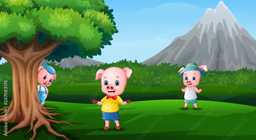 Obraz premium Three little pigs are playing together