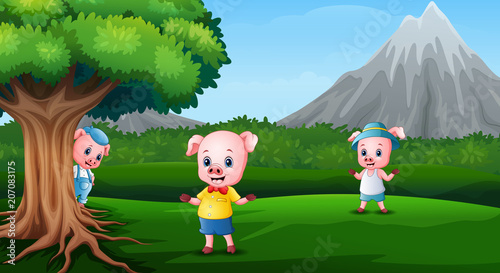 Three little pigs are playing together