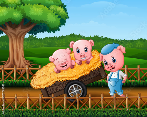 Three little pigs are in the cart