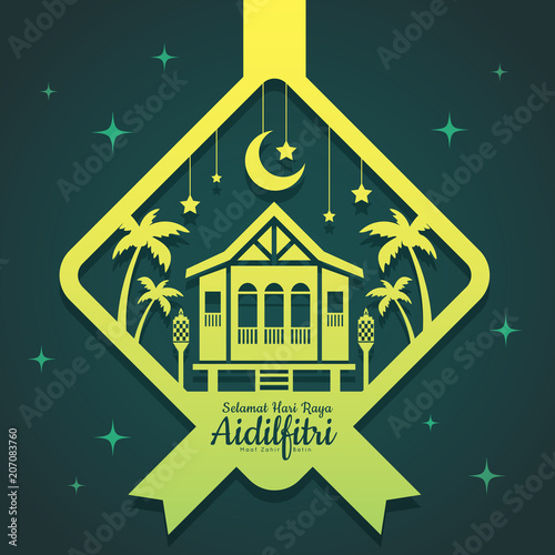 Hari Raya Aidilfitri greeting template. Vector traditional malay wooden house with oil lamp & coconut trees in ketupat shape of paper cut style. (translation: Happy Fasting Day)