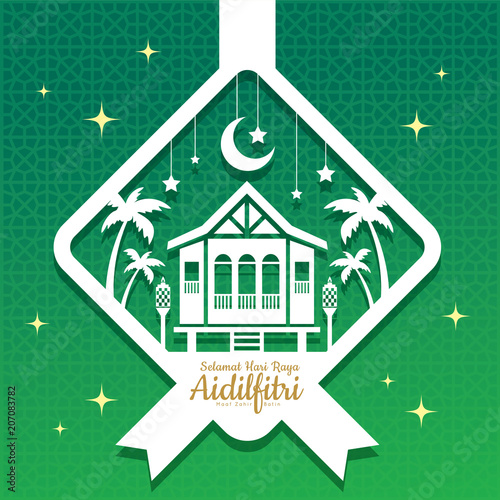 Hari Raya Aidilfitri greeting template. Vector traditional malay wooden house with oil lamp & coconut trees in ketupat shape of paper cut style. (translation: Happy Fasting Day)