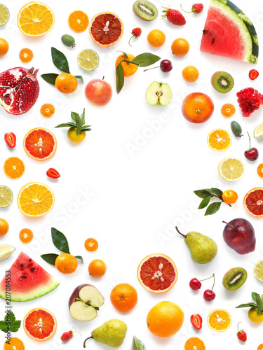 Fototapeta Naklejka Na Ścianę i Meble -  Various  fruits (watermelon, apple, orange, tangerine) isolated on white background, top view, creative flat layout. Concept of healthy eating, food background. Frame of  fruits with space for text.