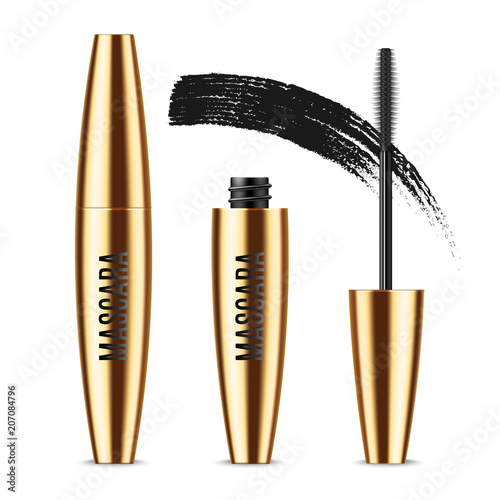 Realistic vector golden Mascara Bottle, brush and mascara Brush Strokes. Black wand, strokes and tube Isolated on white background. Fashionable cosmetics Makeup for Eyes.