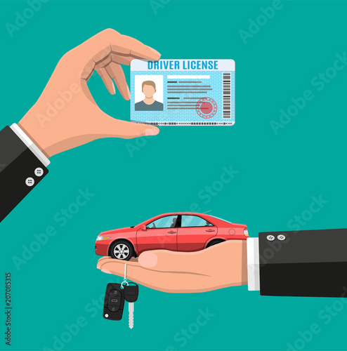 Driver license in hand and sedan car with keys