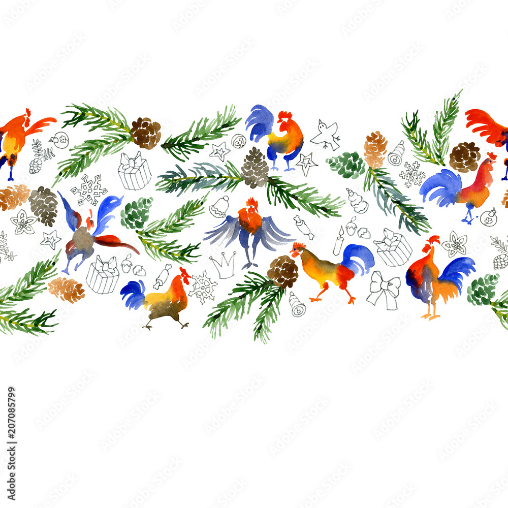Fototapeta New Year, Christmas, festive, spruce, coniferous wreath. Decoration for the holiday. Garland of twigs, toys, mandarins and cookies. Watercolor. Illustration