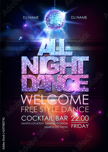 Disco ball background. Disco all night dance party poster on open space background