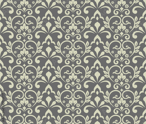 Wallpaper in the style of Baroque. A seamless vector background. Grey floral ornament. Graphic pattern for fabric, wallpaper, packaging. Ornate Damask flower ornament