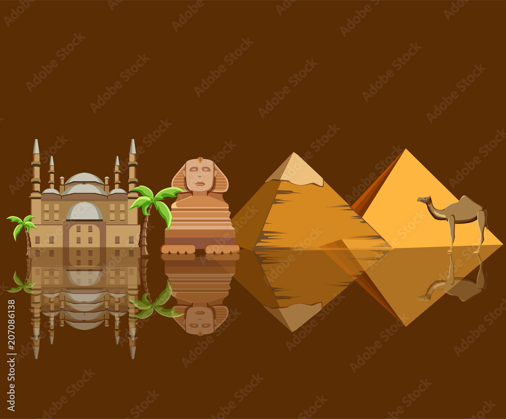 Egypt background with Great Sphinx and pyramids.