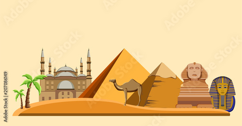 Egypt background with Great Sphinx and pyramids.
