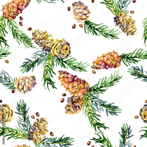 Fototapeta Naklejka Na Ścianę i Meble -  Coniferous, forest, rustic, seamless pattern with cones and branches. Watercolor. Illustration