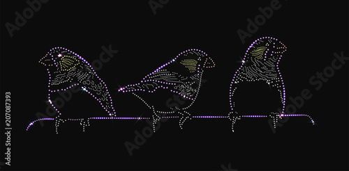 Three birds made with precious gems or rhinestones on black background