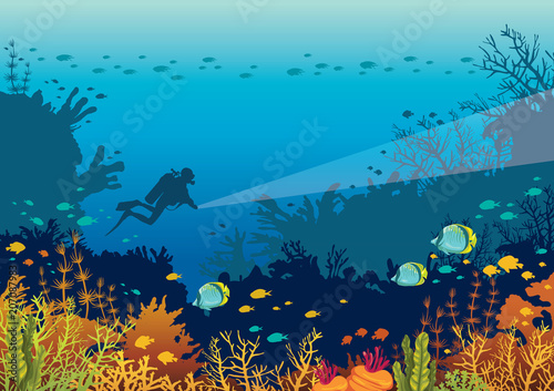 Underwater ccoral reef, fishes and scuba diver.