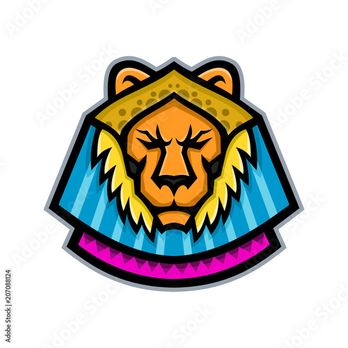 Mascot icon illustration of head of Sekhmet, Sakhmet, Sekhet or Sakhet, a warrior goddess in Egyptian mythology with head of a lion or lioness viewed from front on isolated background in retro style.
