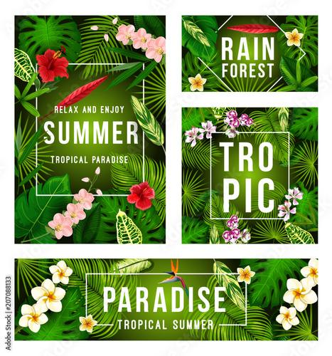 Summer tropical banner with exotic floral frame