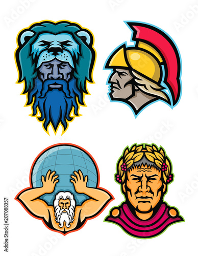 Mascot icon illustration set of heads of Roman and Greek heroes and gods in mythology  like Hercules or Heracles, Achilles or Achilleus, Atlas lifting globe and Gaius Julius Caesar  viewed from  on is