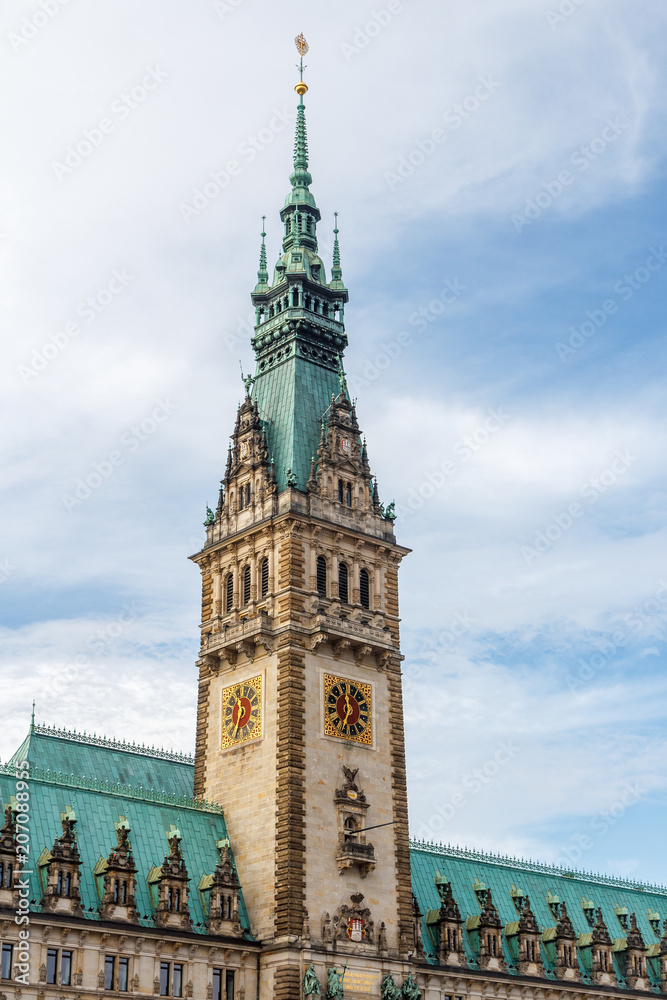 Clock tower of Rathaus (Town Hall) of Hamburg, Germany