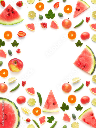 Various fruits (watermelon, apple, orange, tangerine) isolated on white background, top view, creative flat layout. Concept of healthy eating, food background. Frame of fruits with space for text.