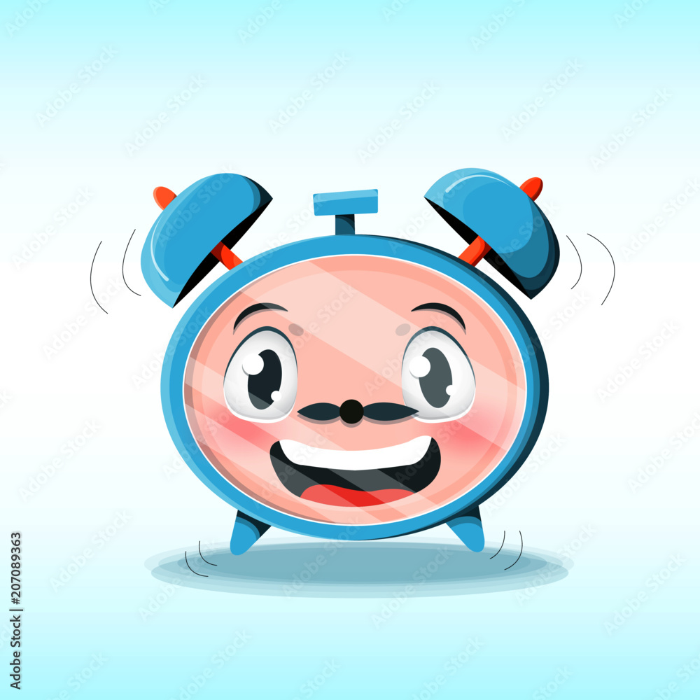 Vector illustration with cute alarm clock in cartoon style. An animated character. Stock Vector