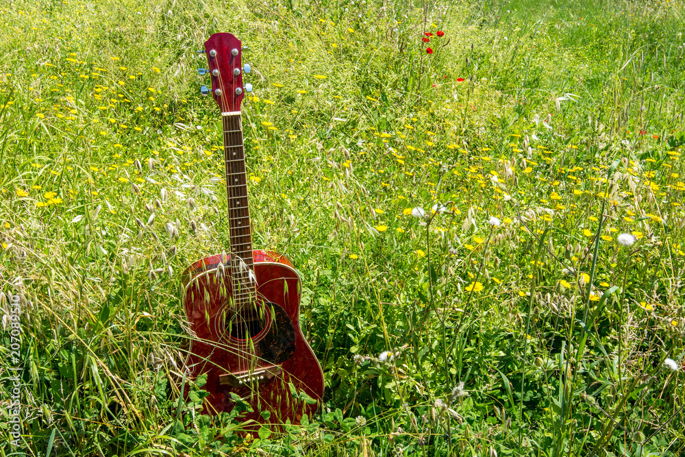 Obraz premium Close-up of acoustic guitar lying on a meadow and grass, vintage style with copy space