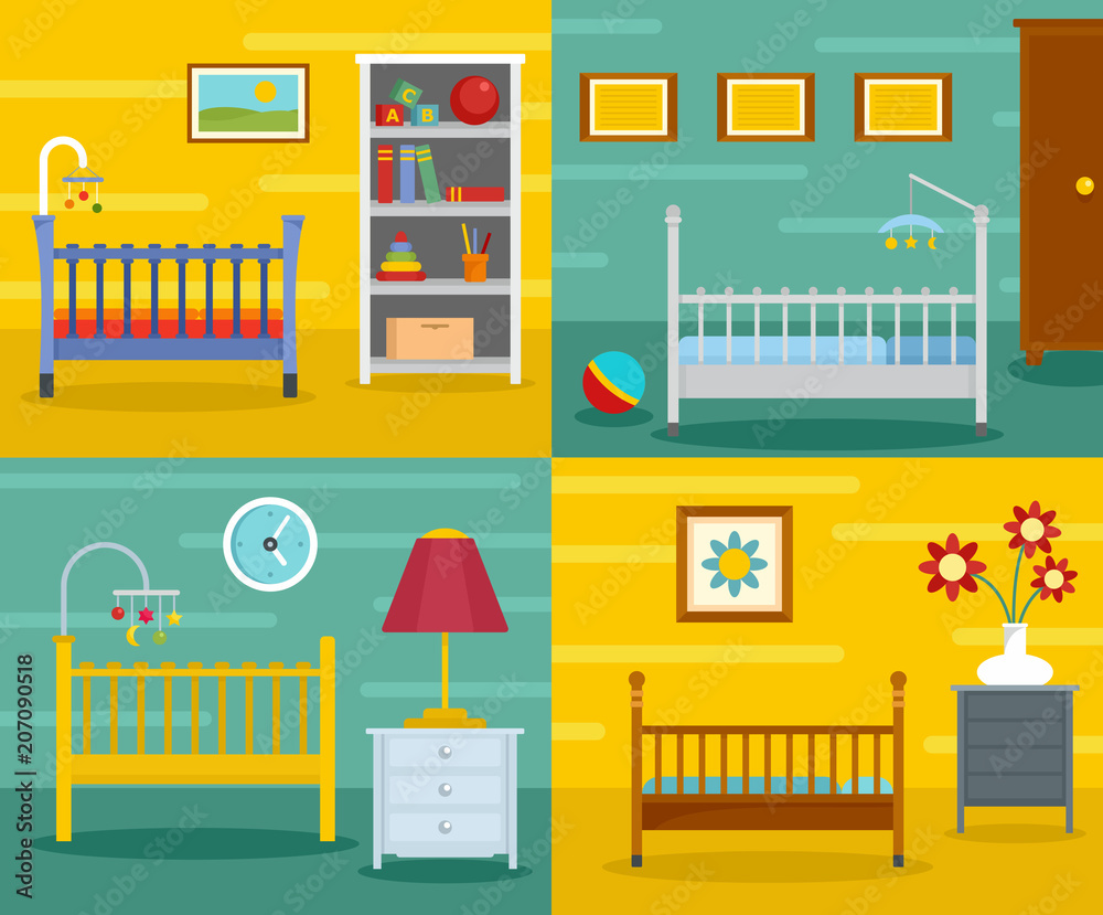 Baby crib cradle bed banner concept set. Flat illustration of 4 baby crib cradle bed vector banner horizontal concepts for web Baby crib cradle bed banner concept set. Flat illustration of 4 baby crib cradle bed vector banner horizontal concepts for web