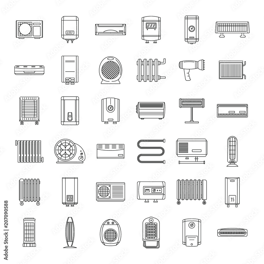 Electric heater device icons set. Outline illustration of 36 electric heater device vector icons for web Electric heater device icons set. Outline illustration of 36 electric heater device vector icons for web