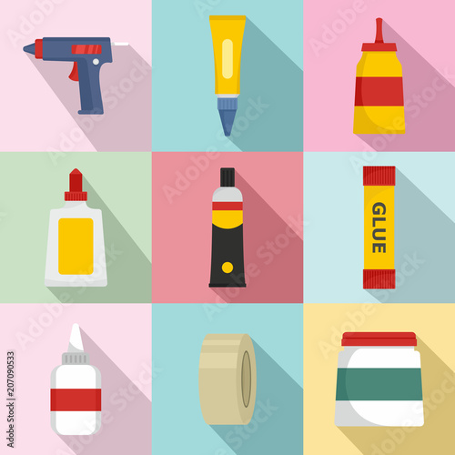 Glue stick adhesive icons set. Flat illustration of 9 glue stick adhesive vector icons for web