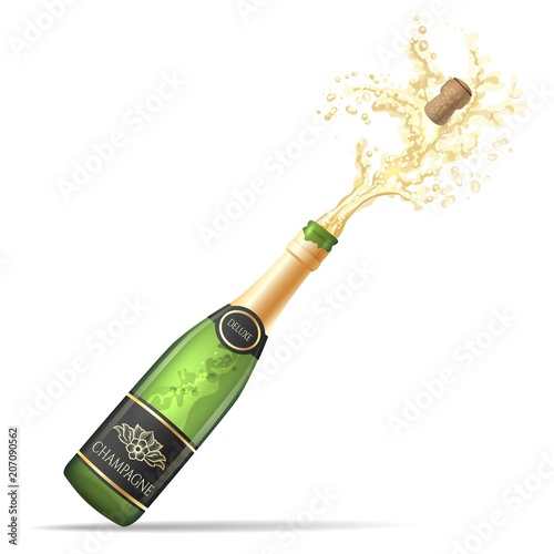 Champagne explosion. Champagne bottle pop and fizz vector illustration for alcohol drinking party celebration isolated on white background