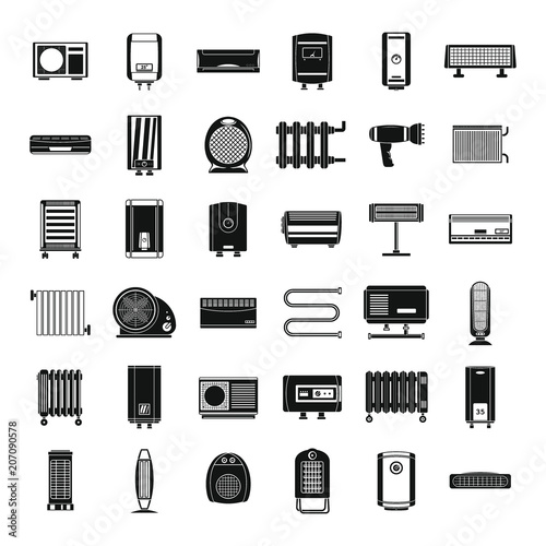 Electric heater device icons set. Simple illustration of 36 electric heater device vector icons for web