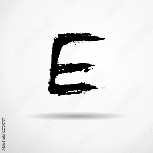 Letter E. Handwritten by dry brush. Rough strokes textured font. Vector illustration. Grunge style alphabet.