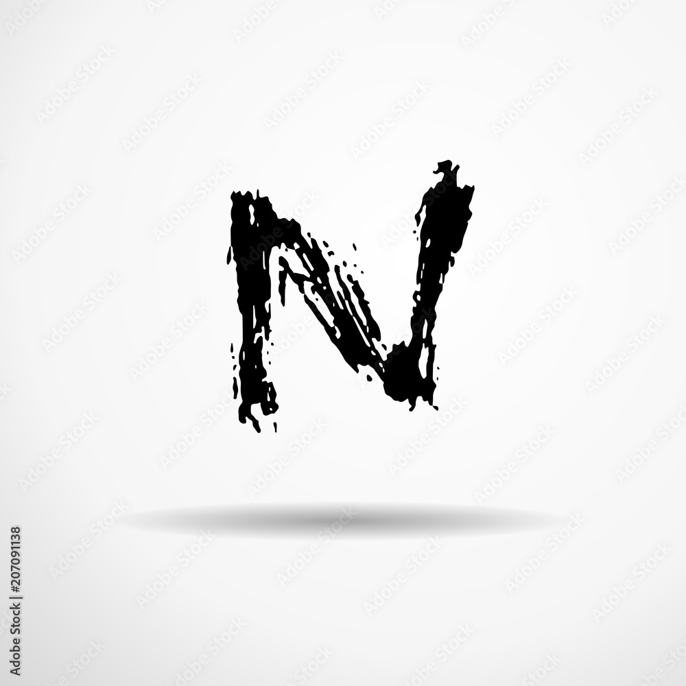 Letter N. Handwritten by dry brush. Rough strokes textured font. Vector illustration. Grunge style alphabet.
